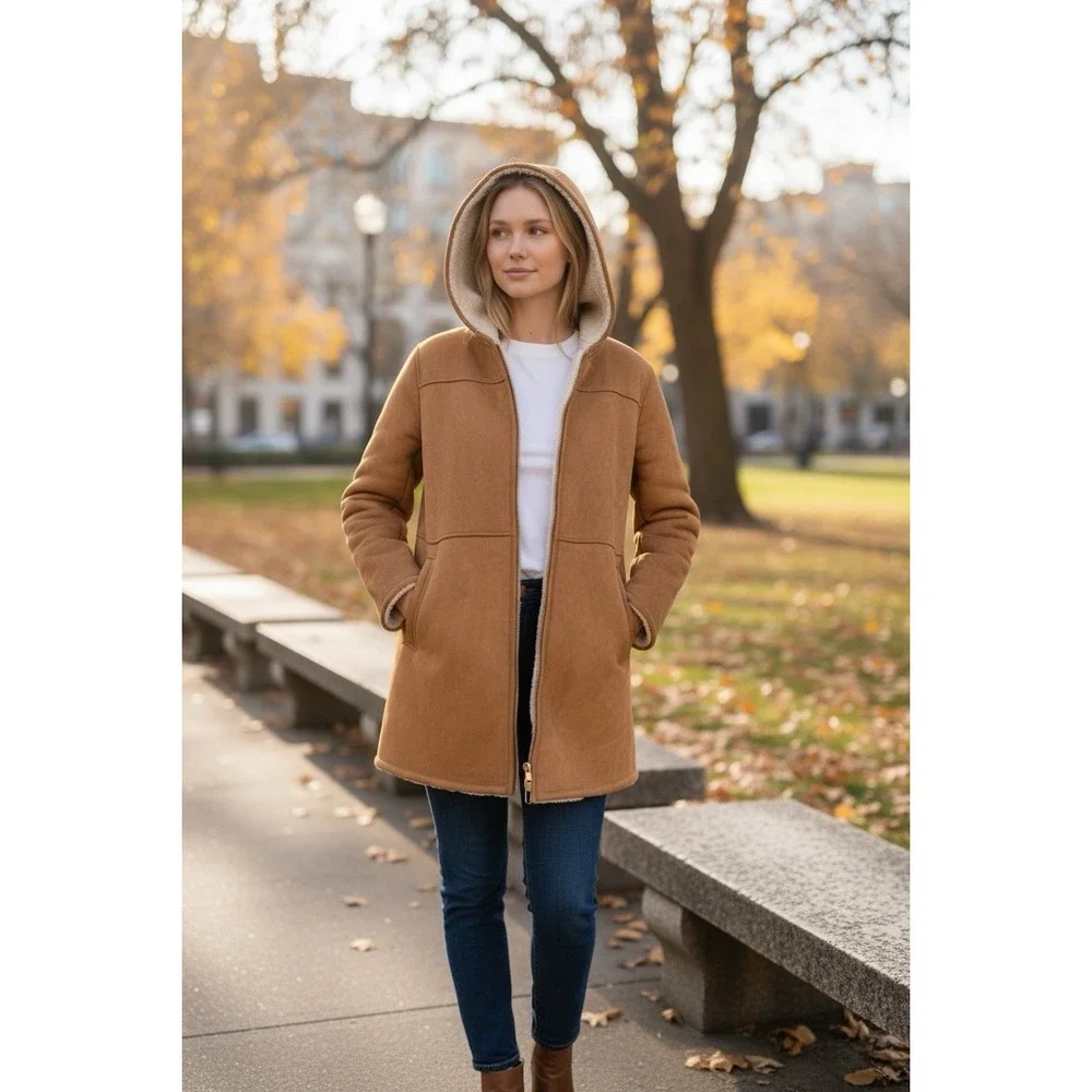 Michael Kors Faux Fur‎ Shearling Suede Long Hooded Womens Medium Coat Tan UNISEX